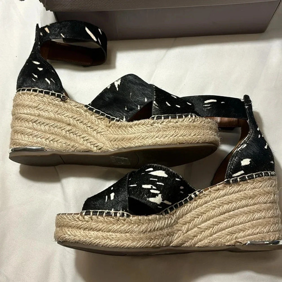 Franco Sarto Carma Black White Pony Calfhair Leather Wedge Sandals - Picture 8 of 13